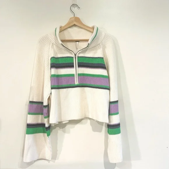 Free People Greta Stripe Half-Zip Mock Neck Sweater Size Large NWT - Picture 6 of 15